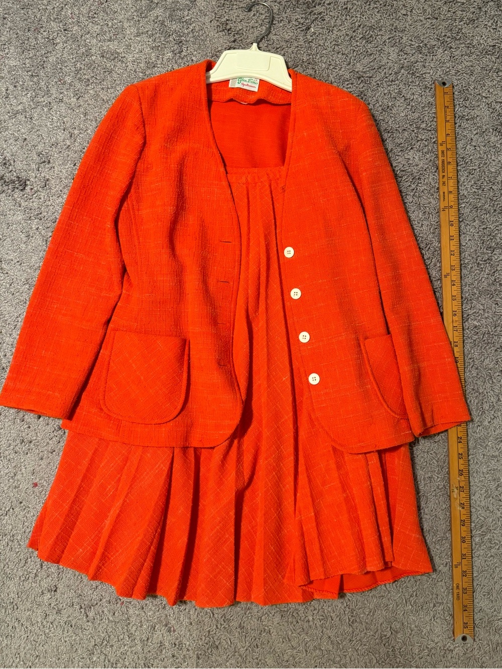 1960s poppy orange vintage two-piece skirt and jacket set